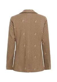 Bruine herringbone blazer met een getailleerde pasvorm, voorzien van bloemige borduursels over het geheel, een notch-kraag en twee zijzakken.