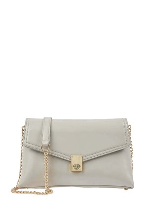 Light gray leather clutch bag with gold-tone chain strap and rectangular twist-lock closure on front flap.