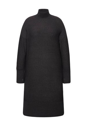 Tmavě šedé rolákové šaty s volným střihem, žebrovanými manžetami a spodním lemem. Měkká textura s hladkým, rovnoměrným pleteným vzorem.