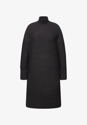 Dunkelgraues Rollkragenkleid mit loser Passform, gerippten Bündchen und Saum. Weicher Stoff mit einem glatten, gleichmäßigen Strickmuster.