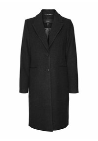 Juodas vilnonis paltas su pritaikyta forma, su įpjovomis apykaklėmis, vieno mygtuko uždarymu ir priekinėmis kišenėmis. Lygi tekstūra su elegantiška siluetu.