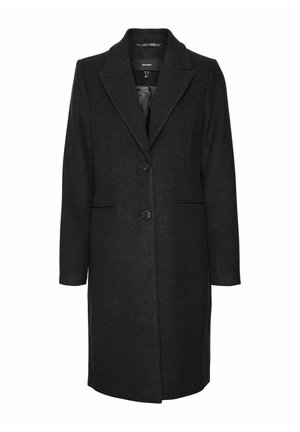 Czarny wełniany płaszcz o dopasowanym kroju, z klapami, jednorzędowym zapięciem na guziki i przednimi kieszeniami. Gładka tekstura i elegancka sylwetka.