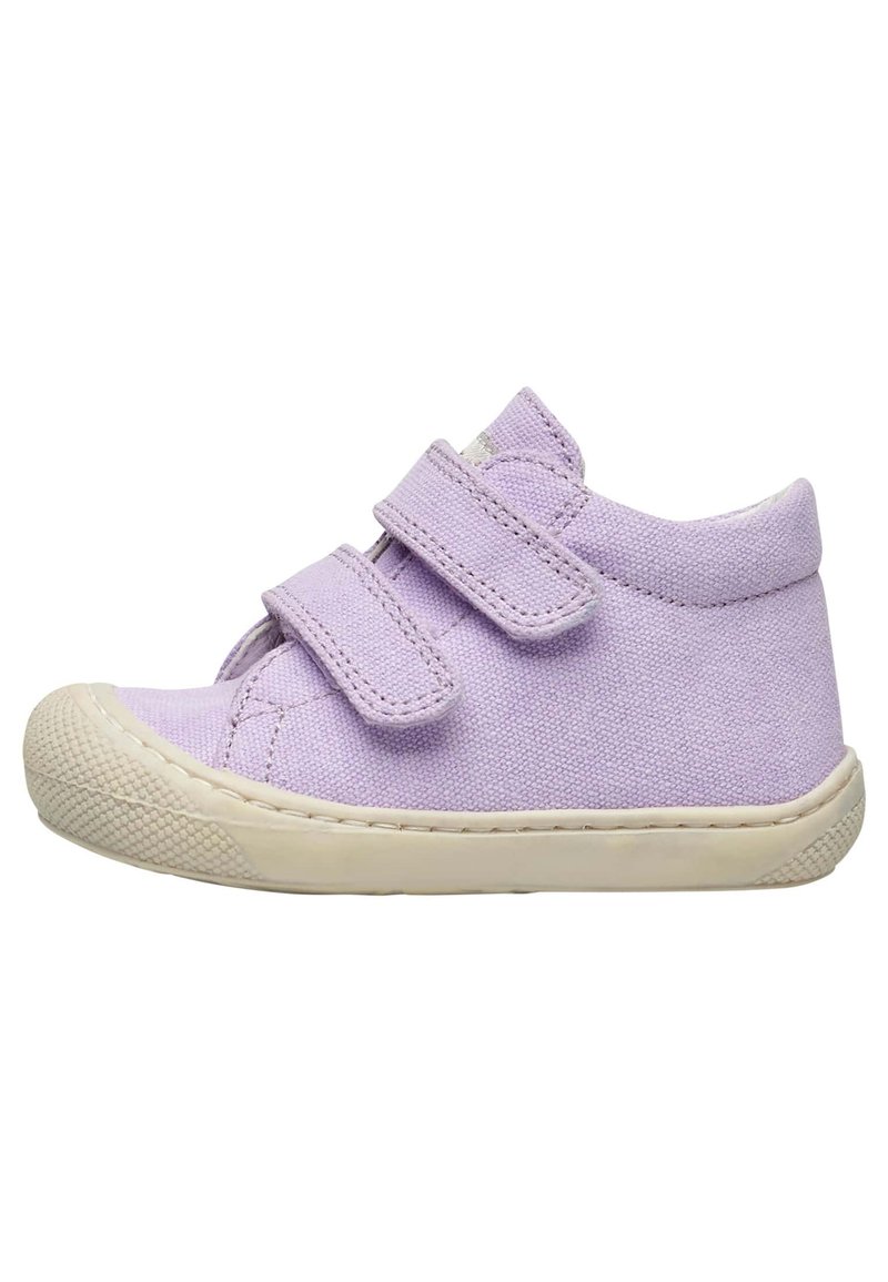 Sneaker alte in tela viola con doppie cinghie in Velcro, punta in gomma e suola testurizzata. Design semplice e costruzione leggera.