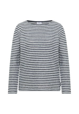 Pitkähihainen pusero pyöreällä pääntiellä, jossa on vaakasuorat laivastonsiniset ja valkoiset raidat pehmeällä tekstuurilla, rento istuvuus ja sivuhalkiot.