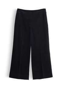 Pantalon large en velours côtelé noir avec taille haute et détails de couture sur le devant, présenté à plat sur un fond blanc.