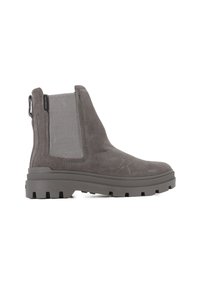 Bottine en cuir suede gris avec des panneaux latéraux élastiques, semelle en caoutchouc texturé et tirant. Présente un design chunky et des détails cousus sur le dessus.