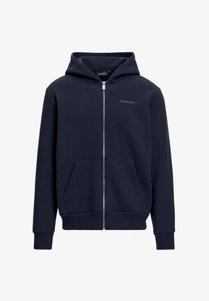 Marinblå hoodie i bomull med dragkedja, framfickor, ribbade mudd och nederkant, prydd med en liten logotyp på bröstet.