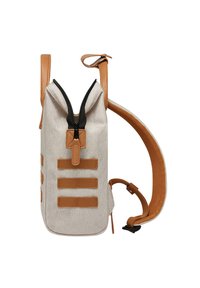 Backpack with a light gray fabric body, black zipper, and brown leather straps. Features three horizontal brown webbing accents on the side.