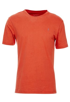 Kortærmet T-shirt med rund hals i brændt orange med lille broderet logo på venstre bryst, ensfarvet design, bomuldsstof.