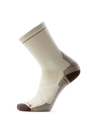 Calzino beige e marrone fino a metà polpaccio con polsino a coste e tallone e punta rinforzati, mostrato su sfondo bianco.