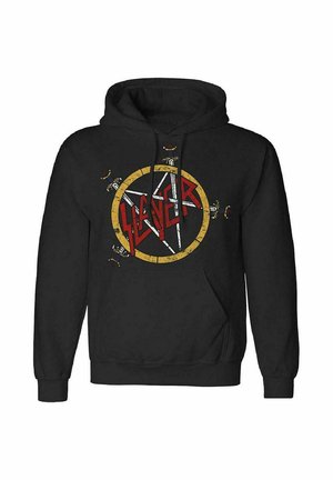 Sort hættetrøje med et stort cirkulært gult design, der har en stjerne og ordet "Slayer" i rødt. Inkluderer en frontlomme og hætte med snor.