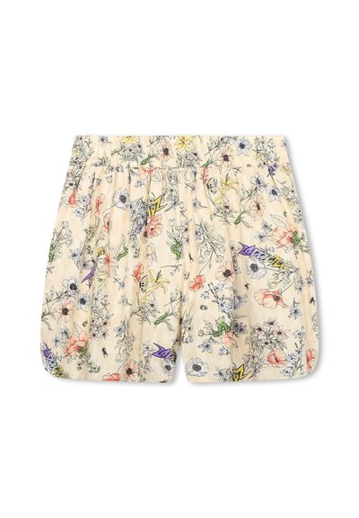 Shorts à imprimé floral en beige clair avec une taille élastique. Présente diverses fleurs et feuilles dessinées à la main dans des couleurs douces. Texture légère et aérée.