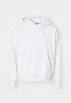 Grijze katoenen hoodie met een kangoeroezak, trekkoordkap en een subtiele geborduurde sterontwerp op de borst. Soepele textuur.