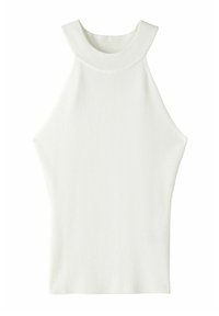 Witte geribbelde mouwloze top met een hoge halslijn en een aansluitend ontwerp, met een gladde textuur en een minimalistische silhouet.