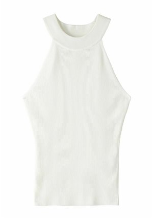 White ribbed sleeveless top with a high neckline and fitted design, featuring a smooth texture and a minimalist silhouette.