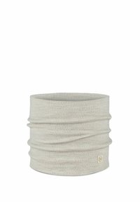 Light gray neck gaiter made of soft, textured fabric with gathered design. Features a small logo label on the side.