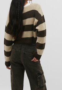 Person with long dark braided hair wearing a beige and brown striped knit sweater and dark brown cargo pants, facing away.