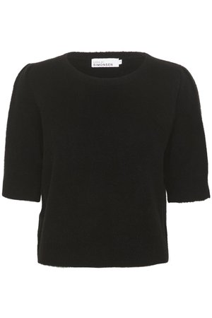 Sort strikket kortærmet sweater med rund hals. Blød tekstur og let puffede ærmer, der har et mærke ved halsudskæringen.