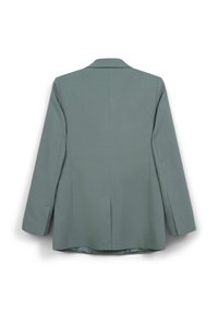 Blazer vert clair au design structuré, avec des revers crantés et des manches longues. Présente une fente unique au dos et une texture de tissu lisse.