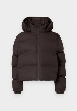 Dark brown padded winter jacket with hood, front zipper, and ribbed cuffs on a light gray background.