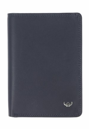 Navy blue leather wallet with rounded corners and a small silver Viking helmet logo at the bottom right corner.