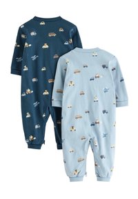 Δύο βρεφικά φορμάκια: το ένα σε ναυτικό μπλε με οχήματα και ζώα, το άλλο σε ανοιχτό μπλε με παρόμοια σχέδια. Μαλακό ύφασμα, μακριά μανίκια, ελαστικές μανσέτες.