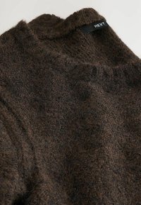 Pull en maille marron avec un matériau texturé et duveteux, doté d'un col montant. L'étiquette de la marque "NEXT" est visible près du col.