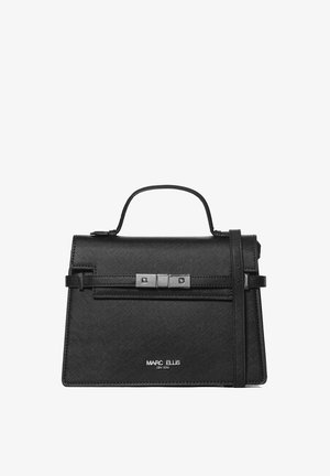 Piccola borsa nera strutturata realizzata in pelle texturizzata. Presenta una maniglia superiore, una tracolla removibile e dettagli in metallo argentato.