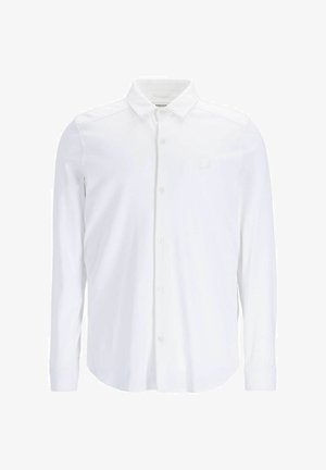 Biele dlhé rukávy košele s gombíkmi vyrobené z hladkej tkaniny, s klasickým golierom, predným zapínaním a nenápadným logom na hrudi.