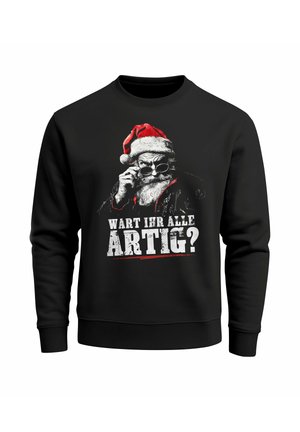 Schwarzer Pullover mit einer Grafik von Santa mit Sonnenbrille, rotem Hut und dem Text "WART IHR ALLE ARTIG?" in Weiß und Rot.