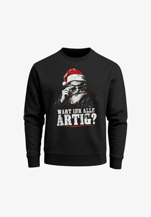 Schwarzer Pullover mit einer Grafik von Santa mit Sonnenbrille, rotem Hut und dem Text "WART IHR ALLE ARTIG?" in Weiß und Rot.