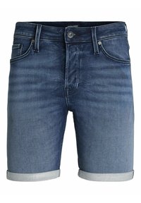 Denimshorts med en mörkblå tvätt, femficksdesign och uppvikta muddar. Har en metallknapp och kontrasterande sömmar.