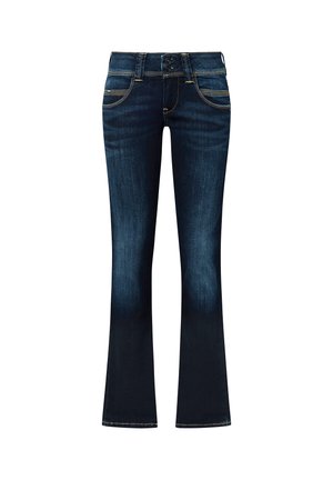 Dark blue denim jeans with slight fading, bootcut style, double-button closure, and front and back pockets.
