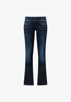 Tumši zili džinsa džinsi ar nelielu izbalējumu, bootcut stils, dubulta pogu aizdare, priekšējās un aizmugurējās kabatas.