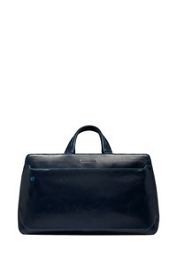 Marineblaue Ledertasche mit glänzendem Finish, rechteckiger Form, zwei Griffen und einer Fronttasche mit kontrastierenden blauen Nähten.