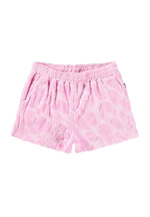 Shorts de rizo rosa con cinturilla elástica y patrones en relieve de frutas, incluyendo piñas, sandías y rodajas de cítricos, dos bolsillos laterales.