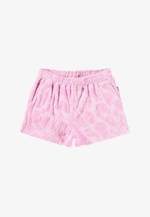 Różowe szorty z frotté z elastycznym pasem i tłoczonymi wzorami owoców, w tym ananasów, arbuza i plasterków cytrusów, z dwoma bocznymi kieszeniami.
