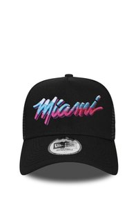 Black cap with an adjustable strap, featuring a colorful "Miami" embroidered design in gradient hues of blue and pink on the front.