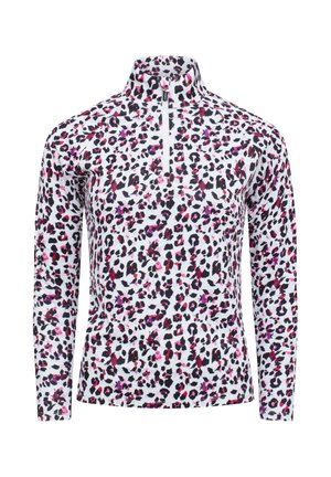 Sudadera blanca de manga larga con cremallera frontal y estampado de leopardo en negro, rosa y púrpura.
