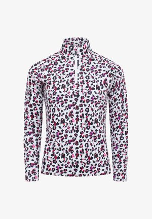 Sudadera blanca de manga larga con cremallera frontal y estampado de leopardo en negro, rosa y púrpura.