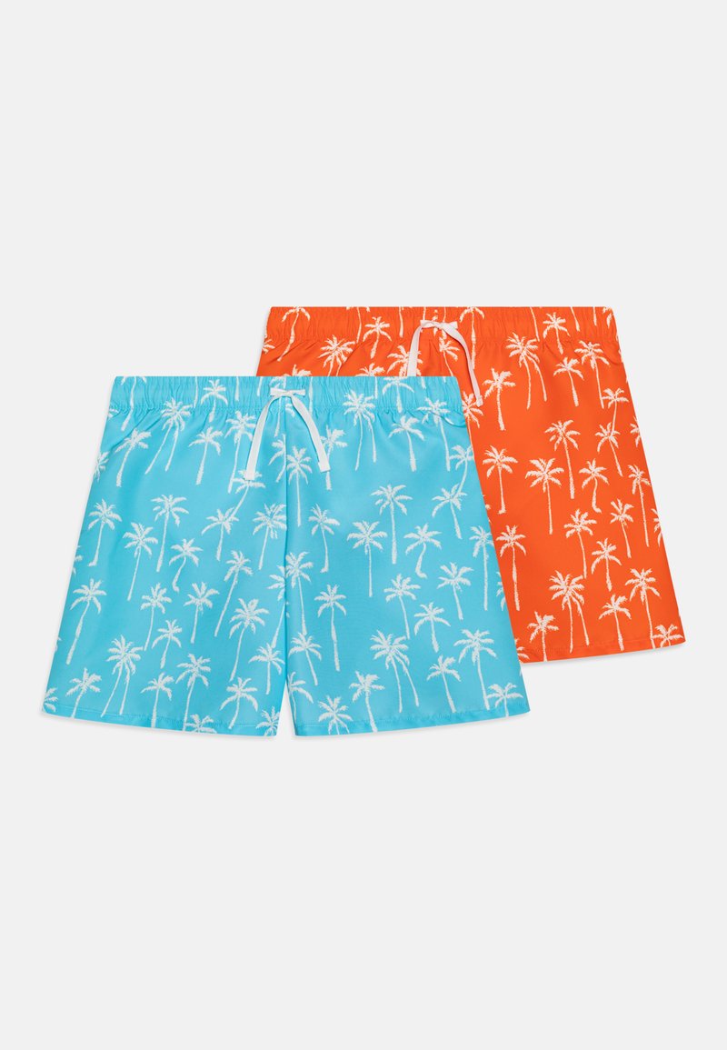 Deux maillots de bain : un turquoise avec un motif de palmiers blancs, un orange avec un motif de palmiers blancs, tous deux avec une taille élastique et un cordon de serrage.