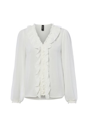 Blouse blanche à manches longues avec col en V à volants et détails de volants sur le devant, poignets élastiques et coupe légèrement ample.