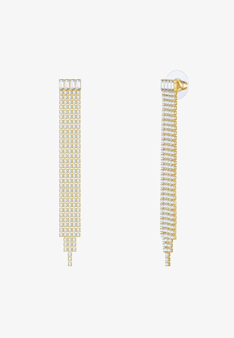 Guldfarvede øreringe med et vertikalt design, der har flere rækker af klare cubic zirconia-stene, der ender i en spids. Gennemsigtig baggrund.