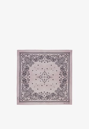 Hellrosa quadratisches Tuch mit schwarzen Blumen- und Paisley-Mustern entlang der Ränder und einem zentralen dekorativen Motiv.