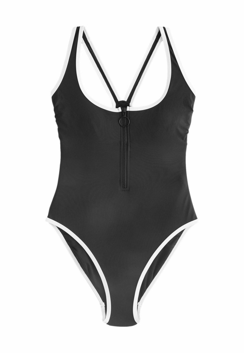 Costum de baie negru cu accente albe, având un fermoar în față, bretele de tip racerback și picioare cu tăietură înaltă pentru o siluetă aerodinamică.