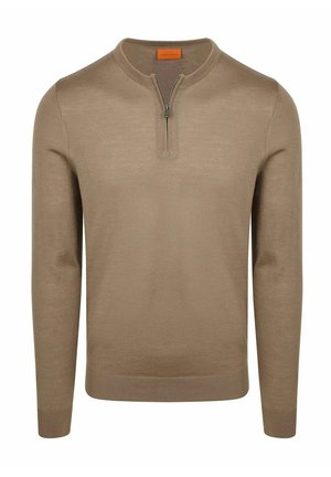 Lichtbruine trui met lange mouwen, halve ritssluiting bij de kraag en geribbelde boorden en zoom, ontworpen voor heren.