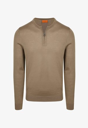 Lichtbruine trui met lange mouwen, halve ritssluiting bij de kraag en geribbelde boorden en zoom, ontworpen voor heren.