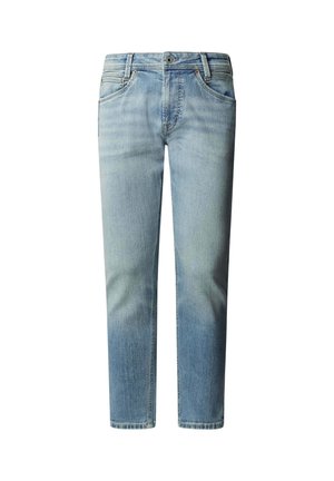 Jean en denim bleu clair à coupe droite, style cinq poches, avec une fermeture à bouton à la taille.