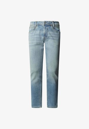 Jean en denim bleu clair à coupe droite, style cinq poches, avec une fermeture à bouton à la taille.