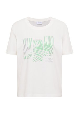 T-shirt blanc à manches courtes avec motif abstrait de feuilles vertes et grises et texte discret à l'avant, col rond, avec une étiquette indiquant "CECIL".